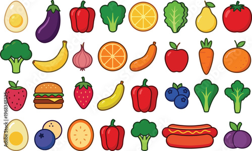 Assorted Healthy Food and Fast Food Icons Set, Vector Illustration of Fruits Vegetables Burger and Hotdog