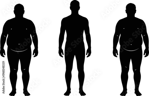 Male body transformation silhouette showing overweight and fit physique comparison isolated on white background, health fitness vector illustration concept