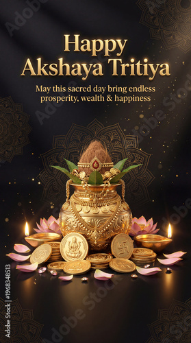 Golden akshaya tritiya celebration with coins diyas and lotus flowers on black background
