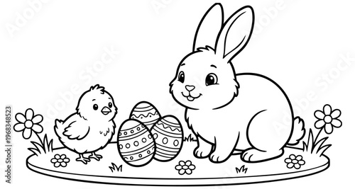 bunny painting easter egg and some flowers, coloring page ready to print on standard 8.5x11 inch paper. eps file.