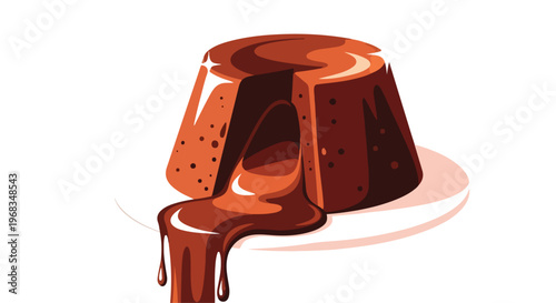Illustration of a chocolate pudding dessert with melted chocolate sauce on a white plate against a clean white background.