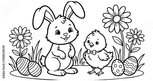 bunny painting easter egg and some flowers, coloring page ready to print on standard 8.5x11 inch paper. eps file.