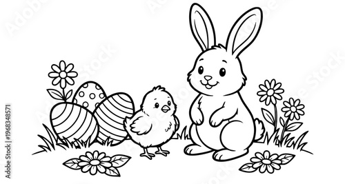 bunny painting easter egg and some flowers, coloring page ready to print on standard 8.5x11 inch paper. eps file.