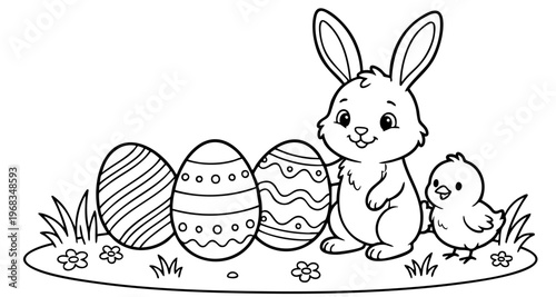 bunny painting easter egg and some flowers, coloring page ready to print on standard 8.5x11 inch paper. eps file.