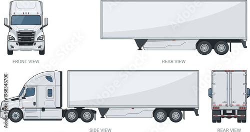 Semi Truck and Trailer Vector Illustration with Front, Side, and Rear View Perspectives