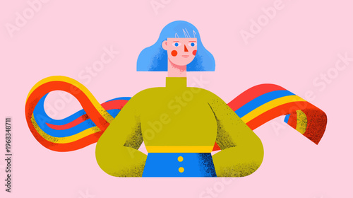 Young woman with flowing hair expressing identity and freedom in soft modern vector illustration celebrating individuality and Pride Month spirit