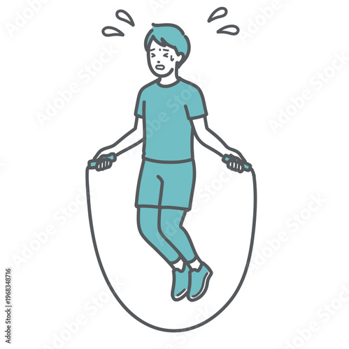 全身に汗をかき、辛そうな表情で必死に縄跳びをしているスポーツウェア姿の男性のイラスト