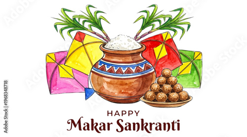 Happy Makar Sankranti Celebration with Sugarcane, Kite, and Sweets for Festive Marketing and Web Design