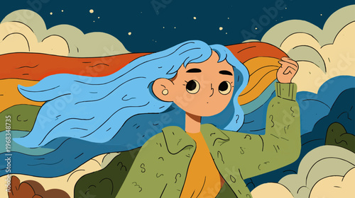 Young woman with flowing hair expressing identity and freedom in soft modern vector illustration celebrating individuality and Pride Month spirit