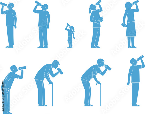 People drinking water silhouettes set, hydration concept illustration, men women kids elderly characters, healthy lifestyle, daily water intake, vector design