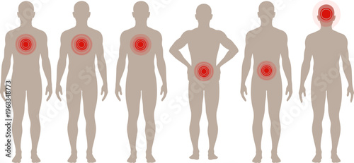 Human body pain points illustration, medical concept silhouettes, chest back head stomach pain zones, healthcare symptoms, anatomy vector design infographic