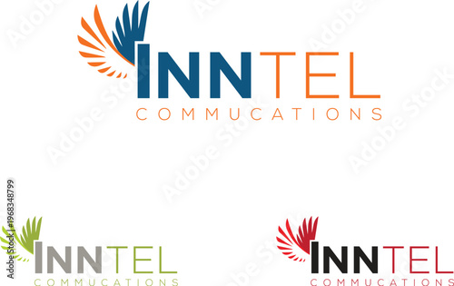 Bird Wing Communications Company Logo Design in Three Color Variants — Telecom Business Brand Identity Vector Set