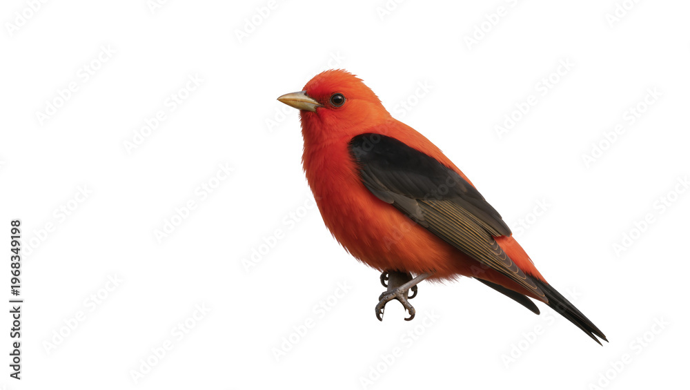 Fototapeta premium Vibrant scarlet-red male Antbird with glossy black wings and tail feathers perched gracefully, isolated on transparent background for nature designs