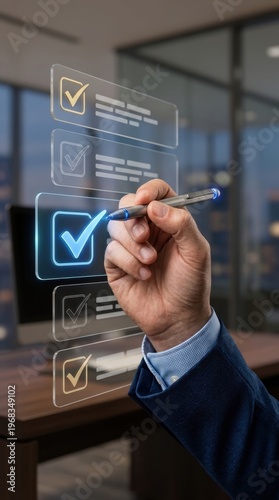 Hand checking off items on a digital list with a stylus technology interface in an office setting