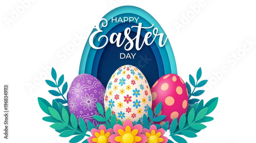 Happy Easter Day Festive Eggs and Spring Flowers Illustration for Holiday Marketing Social Media and Web Design