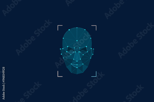 A digital face constructed from connecting points and lines focused by brackets