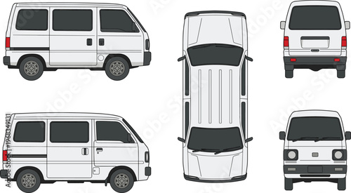 White Delivery Van Vector Illustration Featuring Side Top Front and Rear Blueprint View Perspectives
