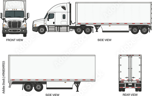 White Semi Truck and Trailer Vector Illustration with Front Side and Rear Perspectives