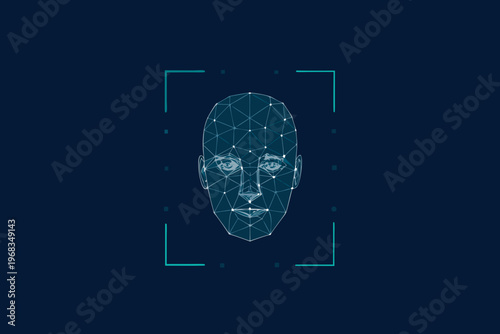 A geometric low poly human face is scanned with facial recognition technology