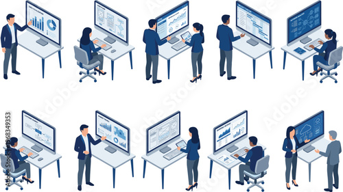 Isometric Business People Working on Data Analysis Visualization and Project Management Office Workflow Vector Set