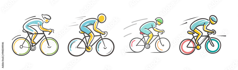 Fototapeta premium Four hand-drawn illustrations of cyclists in a sprint, showing speed and motion