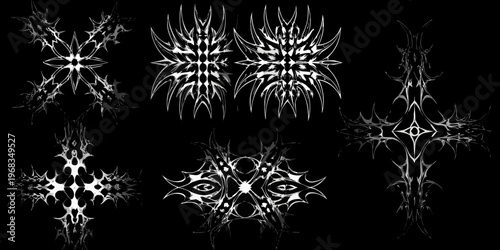 Abstract black and white tribal designs resembling thorns or sharp crystals