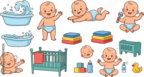 Cute Baby Cartoon Character Set with Nursery Accessories Bathtub Crib and Toys Vector Illustration