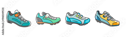 Four pairs of cycling shoes in a hand-drawn cartoon illustration style.