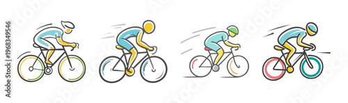 Four hand-drawn illustrations of cyclists in a sprint, showing speed and motion