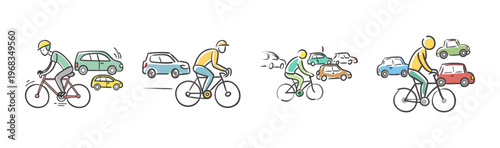 Cyclist navigating through busy city traffic with cars in a hand-drawn vector style.