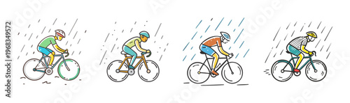 Four cartoon illustrations of cyclists riding bicycles in the rain.