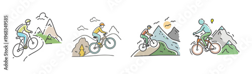 Mountain cyclist riding on a scenic trail with mountains and sun in the background.