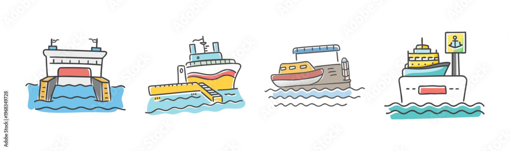 Naklejka premium Collection of four cartoon ferry boats and watercraft on wavy blue water.