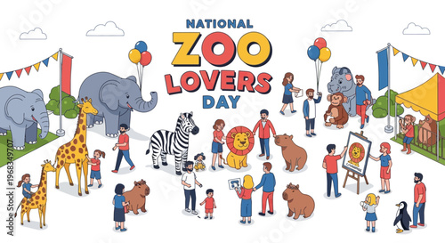 Colorful illustration of people and zoo animals celebrating National Zoo Lovers Day with a lively scene.