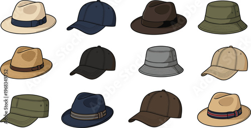 Men Fashion Hat Collection Including Fedora Baseball Cap Bucket Hat and Cadet Cap