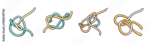 Set of four fisherman's knots tied with colorful ropes in cartoon style.