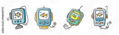 Set of four cartoon fish finder devices displaying fish icons on screens