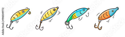 Collection of four cartoon fishing lures resembling minnows with hooks