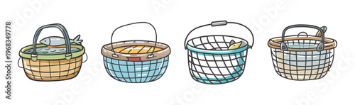 Variety of fishing creel baskets for catching fish, made from wicker and mesh