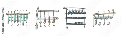 Collection of four fishing gear racks with rods, reels, and lures, outdoor hobby