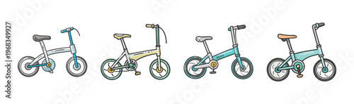 Set of four hand-drawn foldable bicycles in various styles and colors
