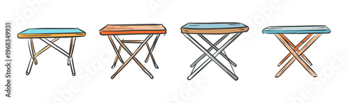 Collection of hand-drawn cartoon folding tables and stools for outdoor use.