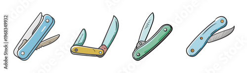 Assortment of four cartoon folding pocket knives for camping and utility tasks