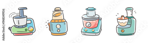 Assortment of four colorful food processors and blenders in cartoon style