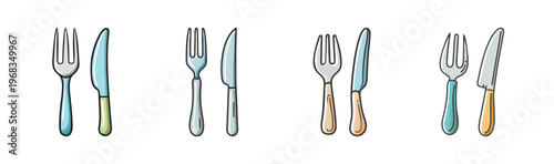 Set of four cartoon forks and knives with various handle colors and styles