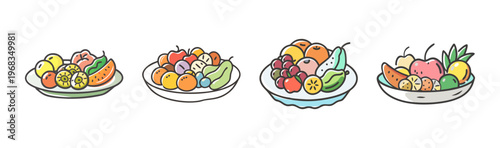 Four colorful cartoon fruit platters filled with fresh, healthy fruits.