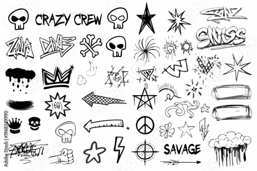 A chaotic collection of black and white graffiti and punk style doodles