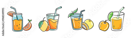 Four glasses of freshly squeezed orange juice with garnishes and fruits