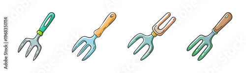 Four gardening forks with different colored handles for soil aeration and planting