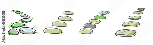 Garden stepping stones path made of smooth river rocks on grass and soil.